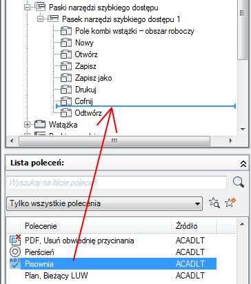 Wyświetlony pasek podziału wskazuje położenie, w którym zostanie umieszczone polecenie lub element sterujący po zwolnieniu przycisku urządzenia wskazującego.