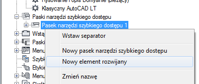 2 W edytorze Dostosuj interfejs użytkownika, na karcie Dostosuj, w panelu Dostosowywanie w <nazwa pliku> kliknij znak plus (+) znajdujący się obok węzła Paski narzędzi szybkiego dostępu, aby go