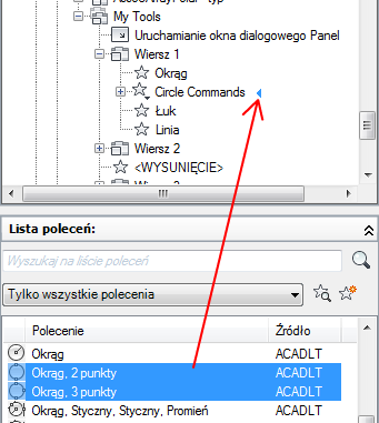 7 W panelu Lista poleceń przeciągnij polecenia, które chcesz dodać do nowej listy rozwijanej w panelu Dostosowywanie w <nazwa pliku>.