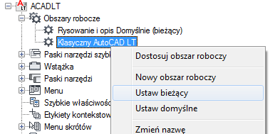 4 Kliknij przycisk Zastosuj. Przywracanie klasycznego obszaru roboczego Na pasku stanu kliknij pozycję Przełączanie pomiędzy obszarami roboczymi. Kliknij AutoCAD LT wersja standardowa.