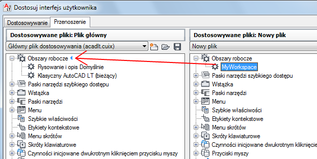 Importowanie obszaru roboczego do głównego pliku CUIx 1 Kliknij kartę Zarządzaj panel Dostosowanie Interfejs użytkownika.