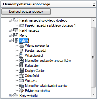 Wyświetlanie palety za pomocą edytora CUI 1 Kliknij kartę Zarządzaj panel Dostosowanie Interfejs użytkownika.