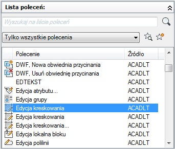 Polecenia niestandardowe. Wyświetla polecenia zdefiniowane przez użytkownika, dodane do wczytanych plików dostosowywania.