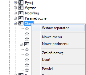 Węzeł drzewa menu Okno, menu skrótów wyświetlane z opcją Wstaw separator Grupa menu i grupa dostosowywania Nie ma różnicy między grupą menu (określenie używane w poprzednich wersjach) a grupą