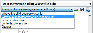 2 W oknie edytora Dostosuj interfejs użytkownika, na karcie Dostosuj, w panelu Dostosowywanie w <nazwa pliku> z listy rozwijanej wybierz pozycję Główny plik dostosowywania (<nazwa pliku