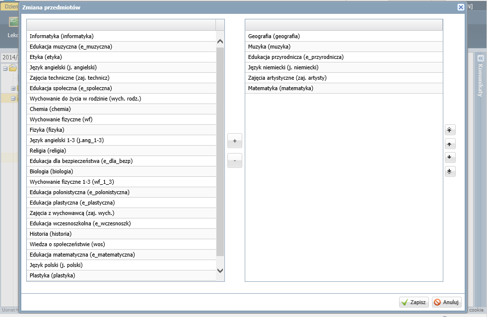14 W oknie Zmiana przedmiotów skomponuj listę przedmiotów nauczanych w oddziale, przenosząc wybrane pozycje z listy po lewej