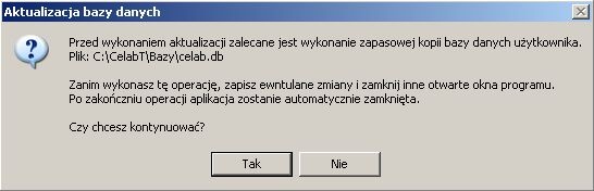 Kliknięcie na przycisku Wykonaj Aktualizację bazy danych otwiera okno aktualizacji: Po zatwierdzeniu operacji poprzez kliknięcie przycisku OK pojawia się okno Aktualizacja danych: Po ukończeniu