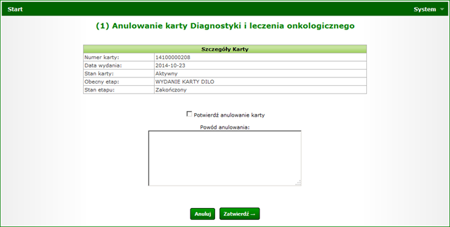 Rysunek 11 Przykładowe okno anulowania wydania karty DiLO 3.