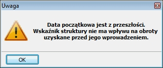 zarejestrowane już obroty w systemie (rys.3). Wskaźnik będzie miał więc zastosowanie tylko dla nowych przyjmowanych dostaw. Rys. 3. Ostrzeżenie dot. istniejących obrotów w okresie obowiązywania.