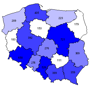 Mapy 25. Zróżnicowanie regionalne stowarzyszeń oraz fundacji posiadających status organizacji pożytku publicznego, KRS 2011 r.