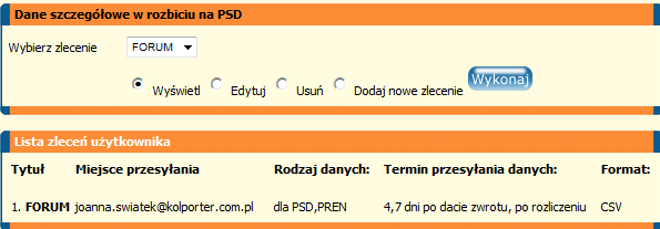 Dane po wygenerowaniu zostają przesłane na serwer FTP lub adres e-mail (wcześniej zdefiniowane dla każdego użytkownika w systemie).