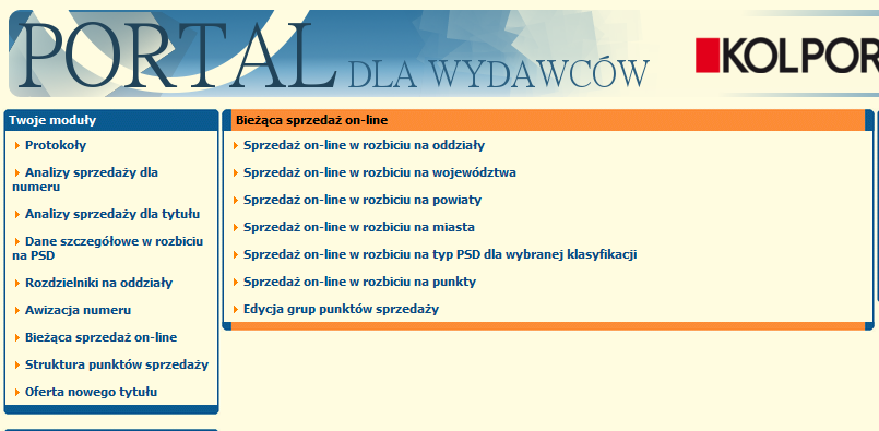 MODUŁ VII BIEŻĄCA SPRZEDAŻ ON-LINE Informacja o sprzedaży on-line pozyskiwana jest z około 2500 punktów (głównie sieci handlowych, Saloników Prasowych), liczba dostępnych psd sukcesywnie wzrasta.