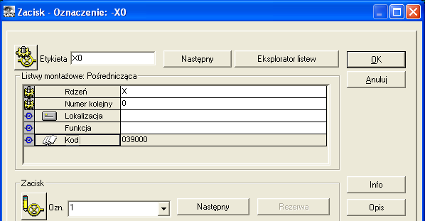 Pierwsze kroki SEE Electrical Expert Wersja V4R1 (4.13c) Wstawiamy go w punkcie (16,48) i nadajemy oznaczenie (Rys. D. 12).