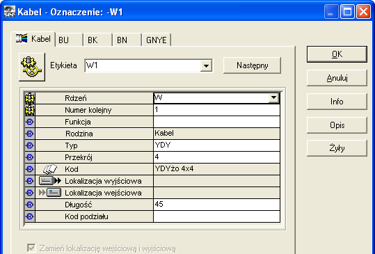 Pierwsze kroki SEE Electrical Expert Wersja V4R1 (4.13c) Klikamy prawym klawiszem na zaznaczeniu i z menu wybieramy polecenie: Wstaw kabel Pojawia się okno Kabel (Rys. D.