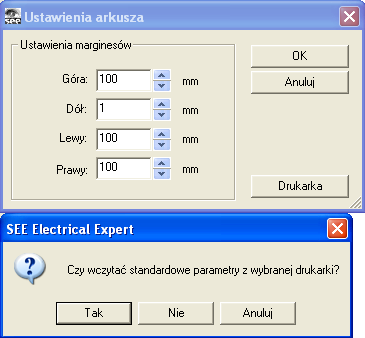 Pierwsze kroki SEE Electrical Expert Wersja V4R1 (4.13c) Po wskazaniu <OK> możemy dostosować marginesy, poprzez ich pobranie z parametrów drukarki. Wybrać <Tak>.