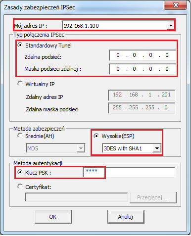 w polu Mój adres IP wybierz odpowiedni adres IP swojego komputera z pola Typ połączenia IPSec wybierz Standardowy tunel IPSec. Następnie aby utworzyć VPN over WLAN wpisz Zdalną podsieć: 0.