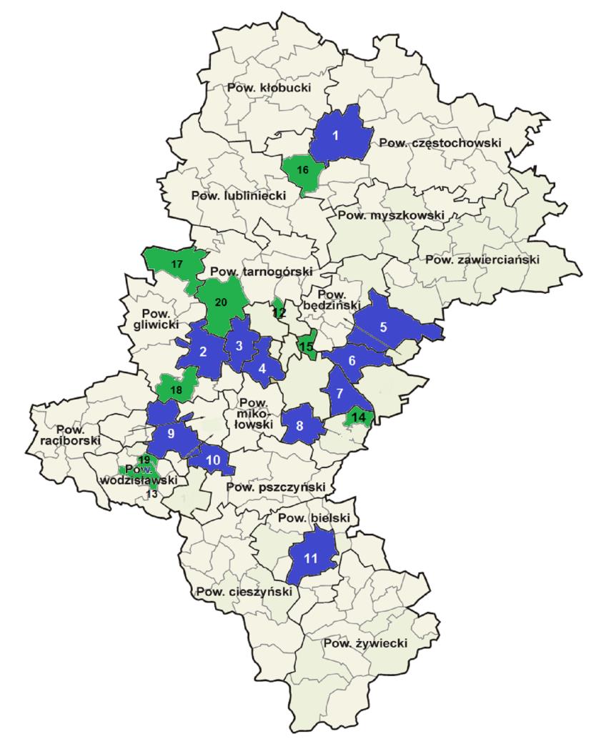 Częstochowa 2. Gliwice 3. Zabrze 4. Ruda Śląska 5. Dąbrowa Górnicza 6. Sosnowiec 7. Mysłowice 8. Tychy 9. Rybnik 10. Żory 11.