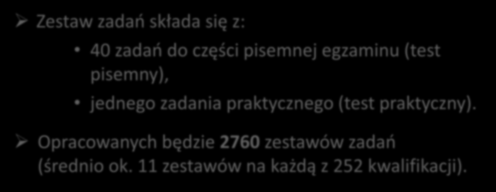 Stworzenie zaplecza merytorycznego Opracowanie zestawów zadao egzaminacyjnych Zestaw zadao składa się z: 40 zadao do części pisemnej egzaminu (test