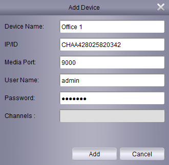 NHDR-5000 Viewer - User s manual ver. 1.0 PANELS Press Add Device to add it manually. A new window is displayed as below. It displays window as below. Fill the necessary fields.