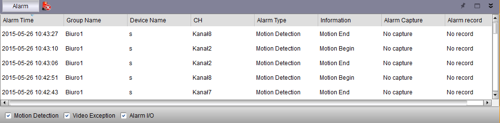 Each record has the Alarm time, device group, device name, channel number, type of alarm. Captured image or recorded video can be assigned to alarm depending on scenarios.