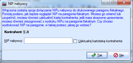 czy w ogóle na tym paragonie ma pojawić się NIP nabywcy rozporządzenie mówi o tym, że NIP ten pojawia się tylko na życzenie odbiorcy, numeru NIPu nabywcy, przy czym jeśli w karcie kontrahenta NIP