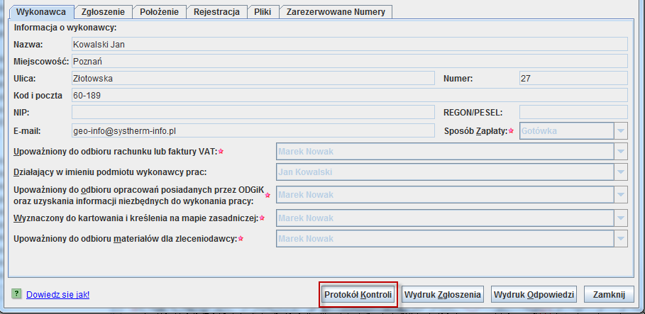 JAK POBRAD PROTOKÓŁ KONTROLI Dostęp do dokumentu Protokół kontroli możliwy jest po zalogowaniu do systemu Geo- Info 6 i.kerg i uruchomieniu okna dialogowego z informacjami o zarejestrowanej pracy.