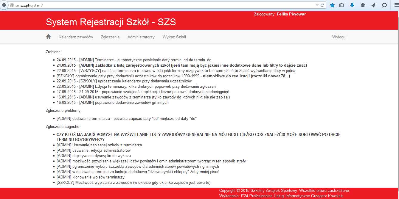 Rys. Nr 1 Pierwsze okno po zalogowaniu. 3. Z tego poziomu wybieramy okno Kalendarz zawodów ( klikamy myszką ) Rys.