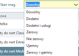 Przycisk Raporty zawiera zestaw dostępnych raportów dotyczących listy, lub formularza na którym się aktualnie znajdujemy.