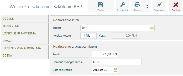 Wniosek o szkolenie / Rozliczenie Zakładka: Uzyskane uprawnienia Na zakładce istnieje możliwość dodania nowego uprawnienia z listy wynikającej z konfiguracji Kategorii Uprawnień oraz Definicji