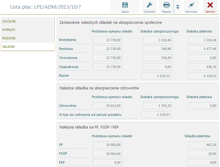 Lista wypłat - podatki Lista wypłat - składki ZUS Szczegółowa informację o wybranej wypłacie dostępna jest po jej wskazaniu na liście wypłat (zakładka: Wypłaty).