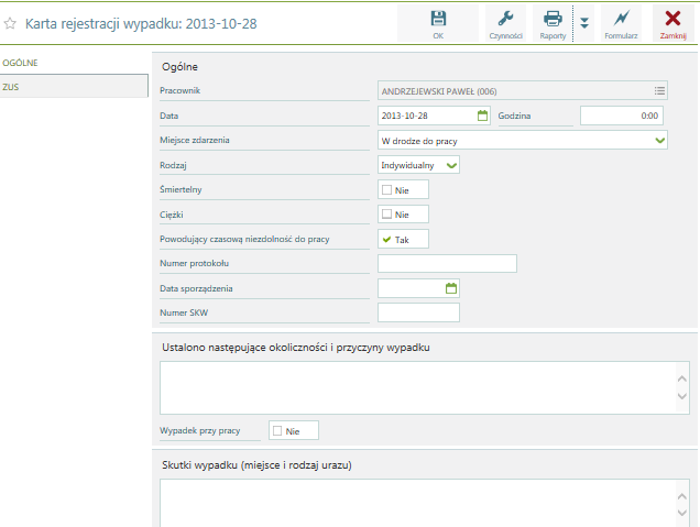 Kadry Pozostałe / Wypadki Formularz pozwala na rejestrację wypadków i szczegółowych informacji z nimi związanych.