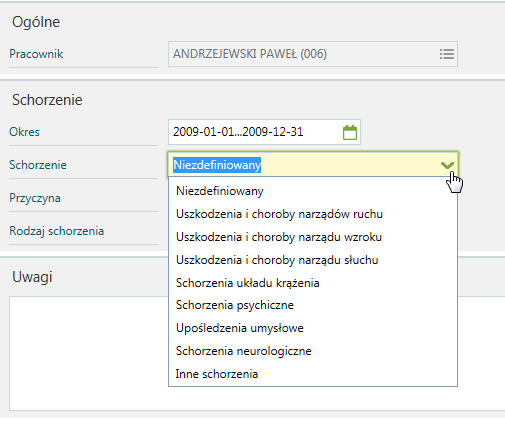 Kadry historyczne / Schorzenia Opcja dedykowana Zakładom Pracy Chronionej (ZPChr).