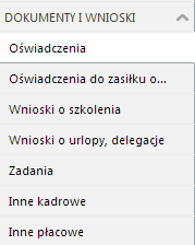 Dokumenty i wnioski Folder zawiera oświadczenia pracownika, wnioski o