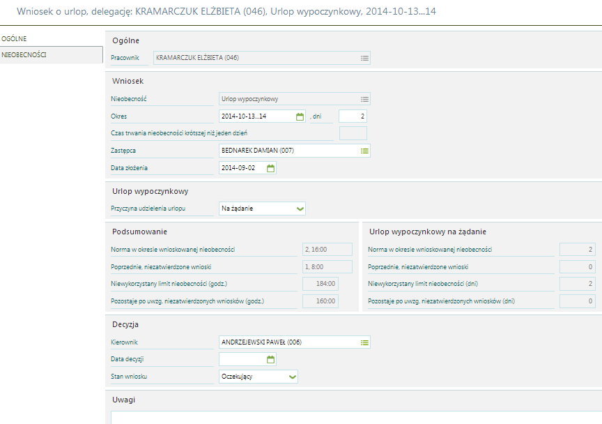 Uwagi pole edycyjne do wprowadzenia dodatkowych informacji Formularz planowanego wniosku urlopowego Formularz wniosku urlopowego na żądanie W celu złożenia wniosku należy wybrać definicję (w