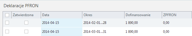 Deklaracje / PFRON Zakładka zawiera listę wygenerowanych deklaracji