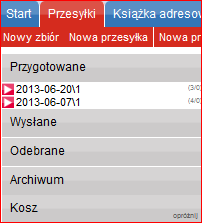 Przesyłki Książka adresowa Ustawienia Narzędzia Raporty Dodatkowo, dla zakładki Przesyłki i Książka