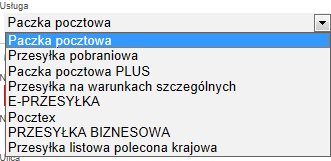 Rys. 22. Formularz wprowadzania danych o przesyłce. Za pomocą menu rozwijanego przesyłka (Rys. 23). użytkownik wybiera usługę, do jakiej przypisana zostanie Rys. 23. Menu rozwijane z wyborem usługi.