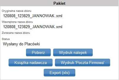 Po odebraniu pliku, przez placówkę, status zostaje zmieniony na: Plik odebrany w Placówce. Rys. 33a. Okno informacji o pakiecie.