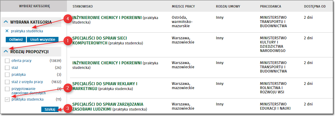 Wyszukiwanie ofert w Centralnej Bazie Ofert Pracy Aby wyświetlić pełną listę, nie uwzględniającą kryteriów wyszukiwania, należy nacisnąć przycisk <Usuń wszystkie>.