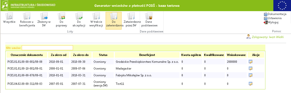 3 Obsługa Generatora Wniosków o Płatność Na stronie głównej aplikacji prezentowana jest domyślna lista dokumentów dla danego użytkownika oraz pasek narzędziowy pozwalający na wykonywanie określonych