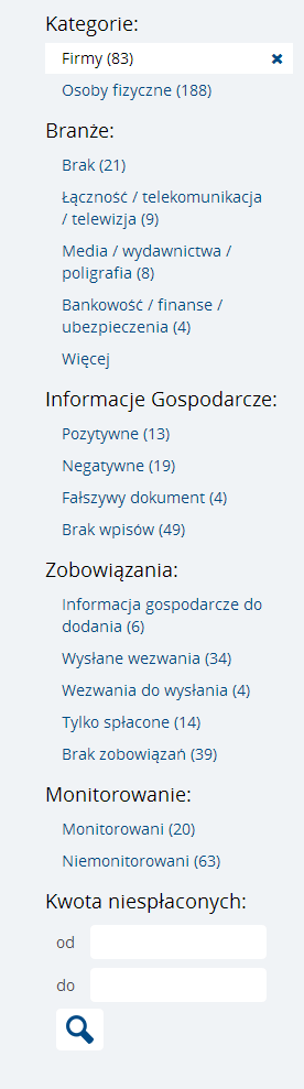 Instrukcja Użytkownika systemu WEB SIBIG 2.0 Strona 45 z 152 Filtry znajdujące się w poszczególnych modułach składają się z różnych kategorii, które określane są przez dane zawarte w module.