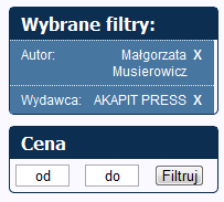 menu, odbywa się tylko wśród produktów na liście), zmiany widoku (miniatury, lista z okładkami, lista bez okładek), sortowania listy (wg nazwy A-Z, nazwy Z-A, ceny rosnąco, ceny malejąco), ustawienia