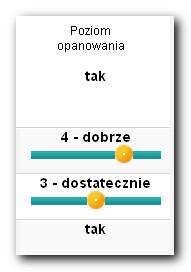 Następnie za pomocą suwaka z prawej strony należy wybrać, w jakim stopniu uczeń odpowiadający na ofertę powinien tę umiejętność posiadać (skala od 1-słabo do 5- bardzo dobrze): Należy ocenić w ten