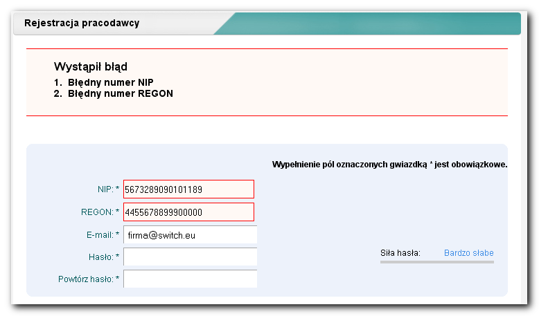 System sprawdza prawidłowość numerów REGON i NIP jeśli zostały źle wpisane, konto nie może zostać założone: Jeśli nie chce się zakładać konta, należy kliknąć przycisk Anuluj.