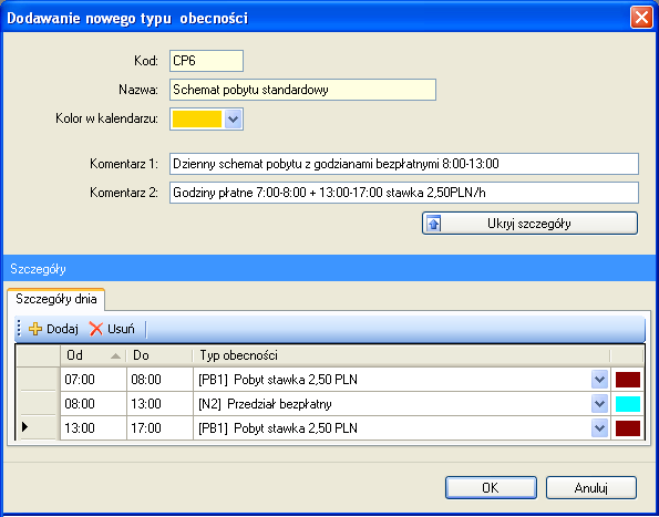 Rys.10. Okno dodawania schematu obecności Definiując nowy SCHEMAT OBECNOŚCI nadajemy mu następujące parametry (Rys.