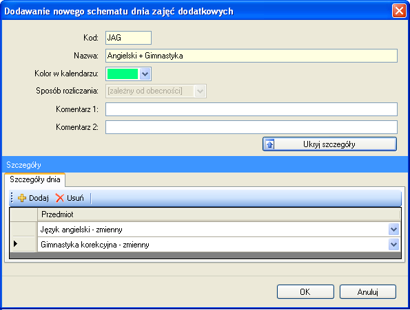 Rys.17. Okno definiowania zajęć dodatkowych Po zdefiniowaniu wszystkich wymaganych zajęć przystępujemy do definiowania SCHEMATÓW ZAJĘĆ DODATKOWYCH.