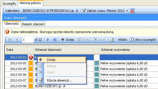 Edycja absencji może być dokonywana zarówno w tył (minione dni) jak i w przód (przyszłe dni).