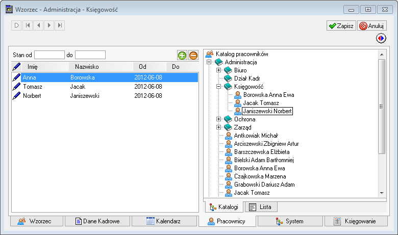 Pracownicy 6 7 Grupowe przyporządkowanie pracowników do wzorca W oknie Wzorzec Administracja - Księgowość (patrz wyżej), wybieramy zakładkę Pracownicy i otwieramy utworzony wcześniej katalog