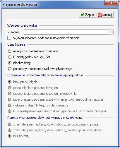 6 30 Podręcznik użytkownika Symfonia Kadry i Płace W tym oknie klikamy ikonę. Rys. 6-37 Okno Definicja akcji Zakładka Operacje. Rys. 6-38 Okno Przypisanie do wzorca.