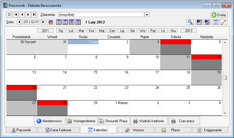 Organizacja czasu pracy 7 7 Rys. 7-4 Okno pracownika przyporządkowania kadrowe do wzorca. Po przejściu do panelu kalendarza pracownika, stwierdzimy, że odziedziczył również kalendarz wzorca. Rys. 7-5 Panel kalendarza pracownika kalendarz odziedziczony z wzorca Brygada A.
